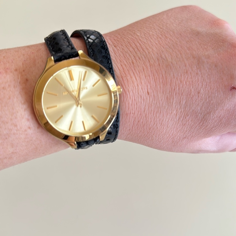 MICHAEL Michael Kors Gold and Black Leather Wrap Watch